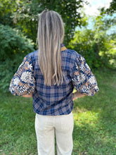 Load image into Gallery viewer, Navy Gingham Embroidered Puff Sleeve Top
