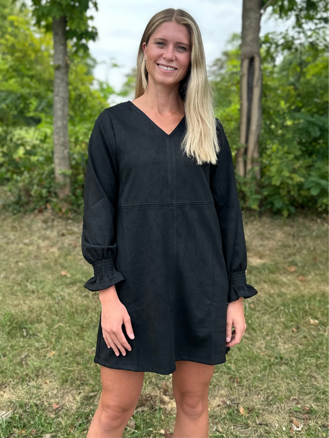 Black Long Sleeve Suede Dress