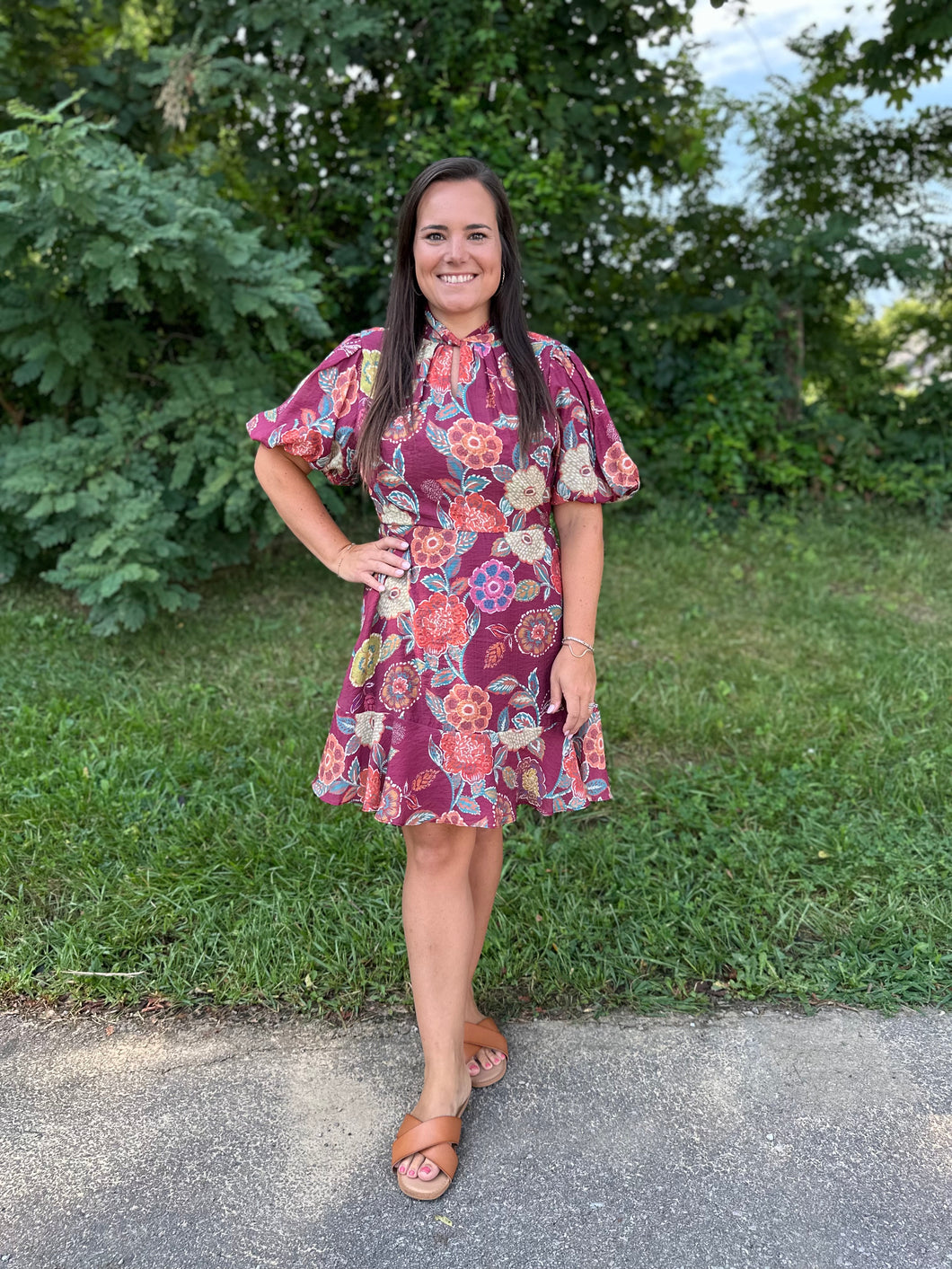 Burgundy Floral Detail Puff Sleeve Dress
