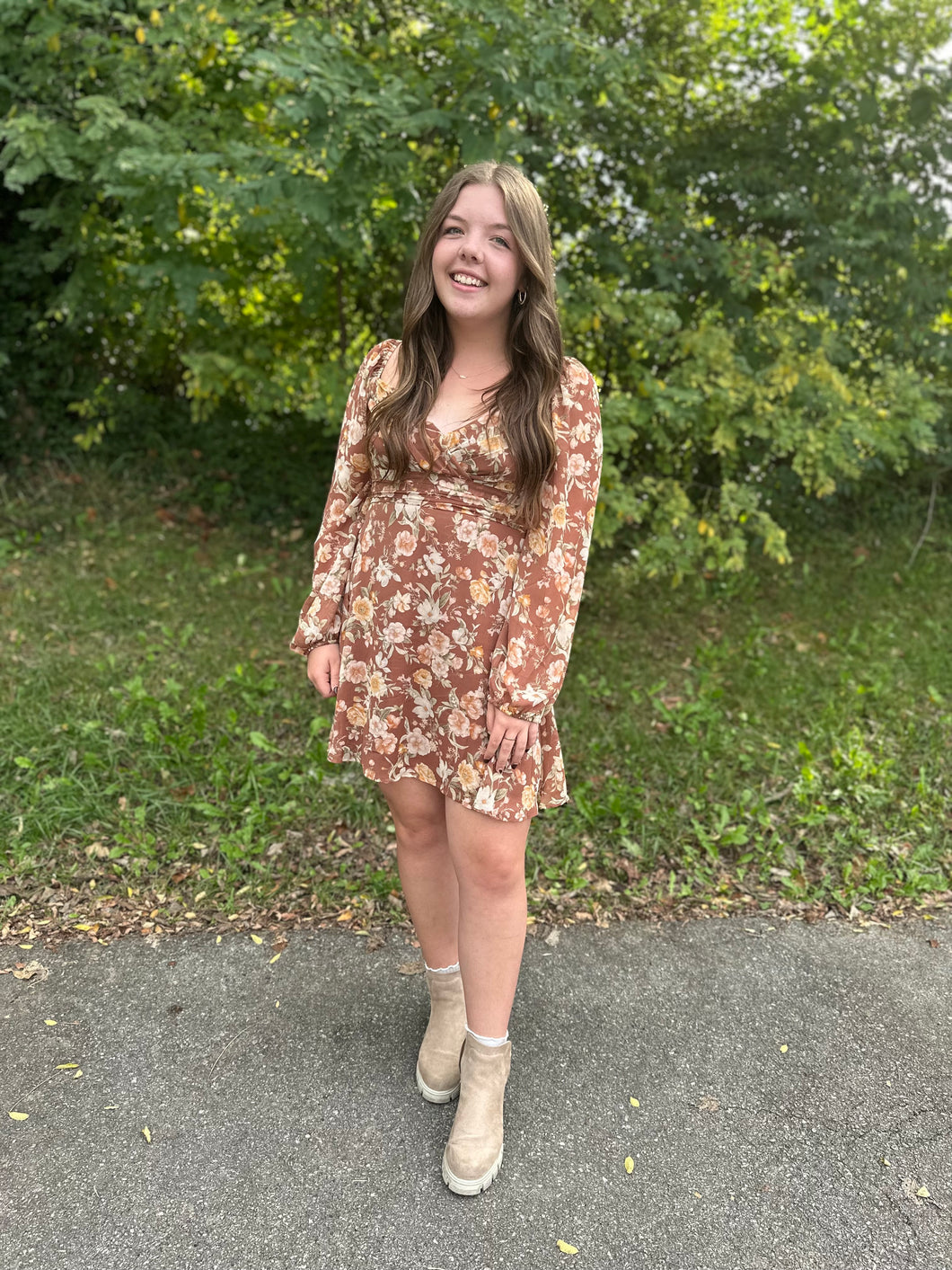 Brown Floral Long Sleeve Dress