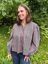 Load image into Gallery viewer, Geometric Floral Ruffled Mock Neck Blouse
