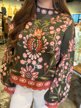 Load image into Gallery viewer, Olive High Neck Long Sleeve Floral Sweater
