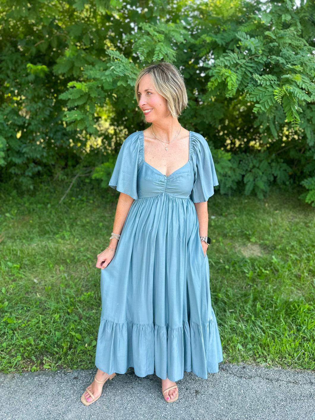 Dusk Blue Sweetheart Smocked Midi Dress