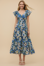 Load image into Gallery viewer, Blue Floral Print Tiered Midi Dress
