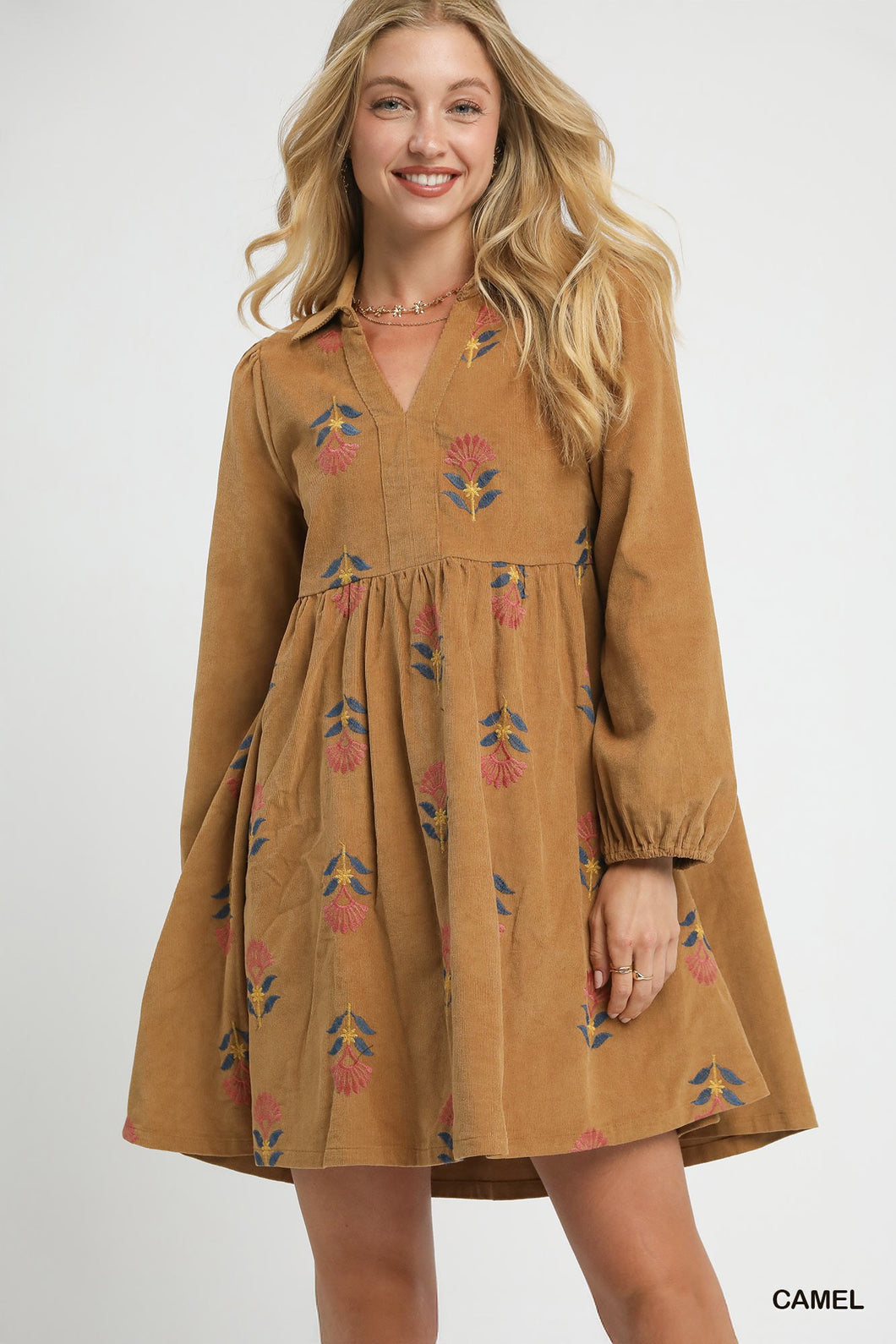 Corduroy Embroidered Babydoll Dress
