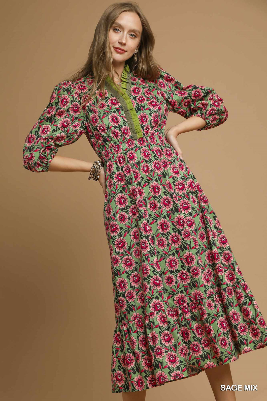 Pink and Sage Floral Print Ruffled Neck Dress