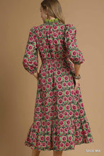 Load image into Gallery viewer, Pink and Sage Floral Print Ruffled Neck Dress
