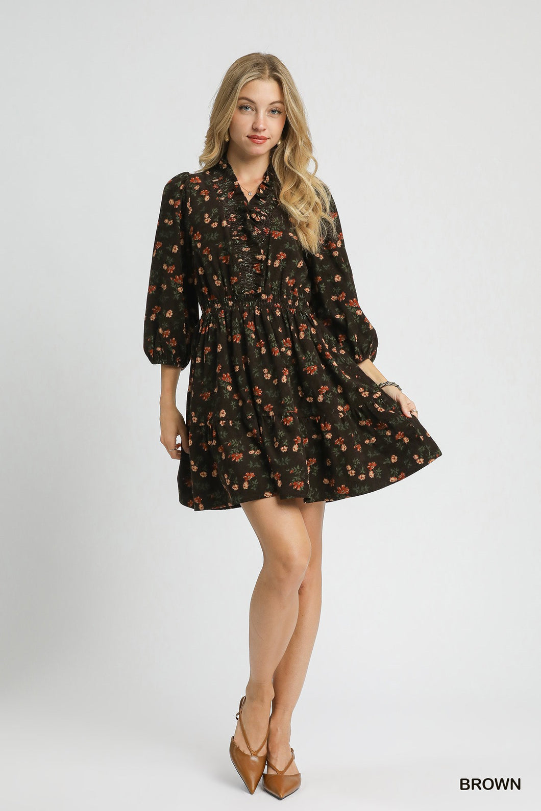 Brown Corduroy Flower Print Mini Dress