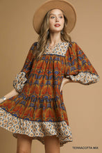 Load image into Gallery viewer, Terracotta Mix Boho Print Ruffle Hem Mini Dress
