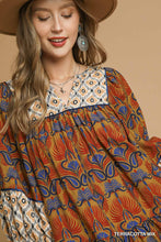 Load image into Gallery viewer, Terracotta Mix Boho Print Ruffle Hem Mini Dress
