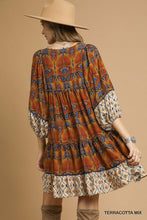 Load image into Gallery viewer, Terracotta Mix Boho Print Ruffle Hem Mini Dress
