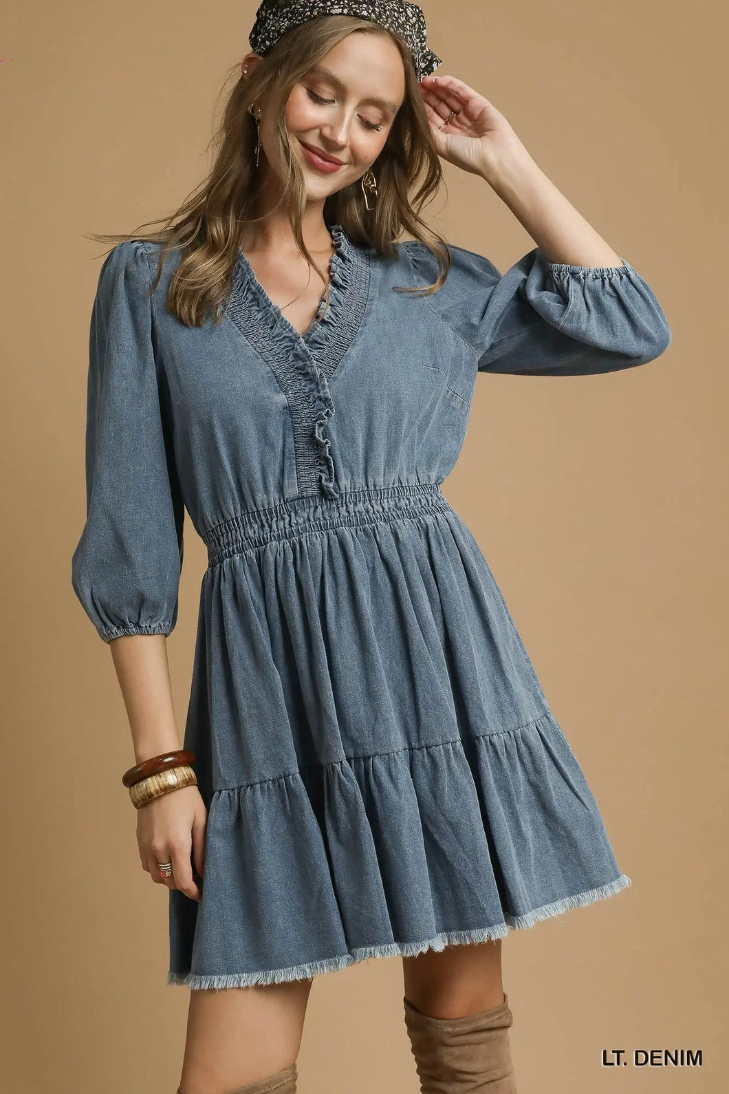 Denim Mini Dress with Smocked Ruffle Neck