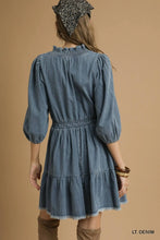 Load image into Gallery viewer, Denim Mini Dress with Smocked Ruffle Neck

