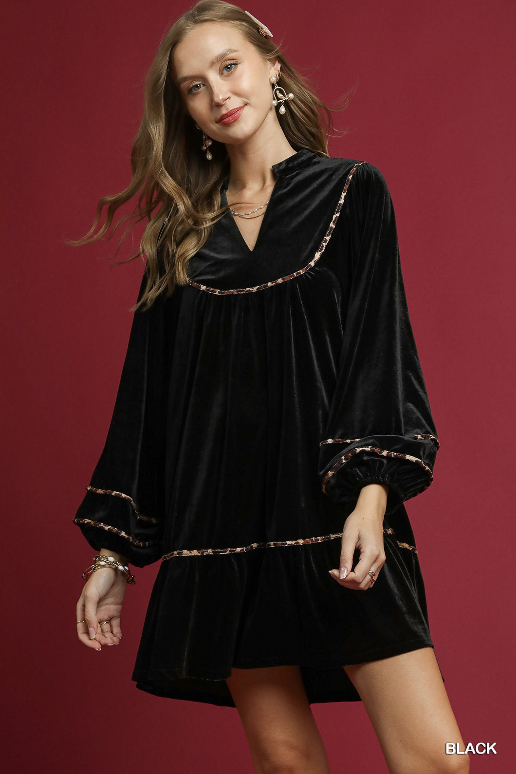 Velvet Mini Dress with Animal Print Trim