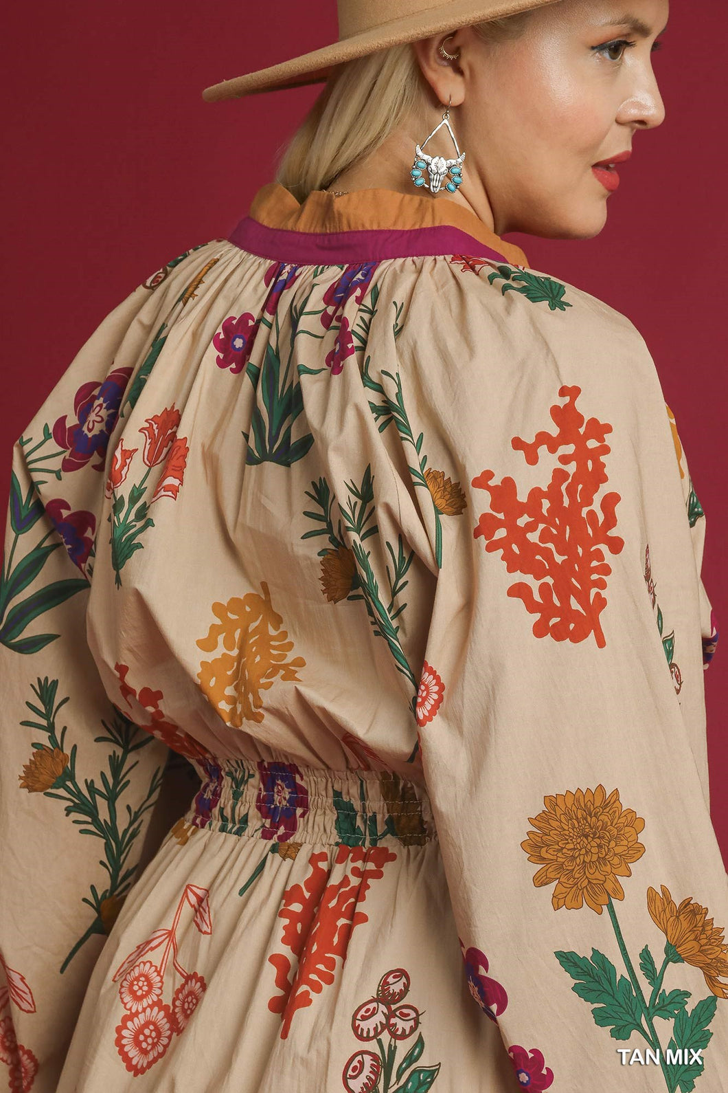 Tan Mix Floral Print Collar Ruffle Sleeve