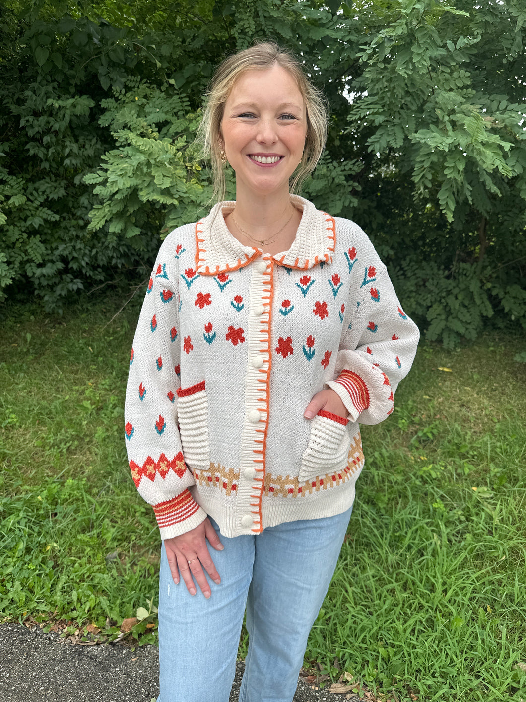 Relaxed Fit Floral Stitch Sweater