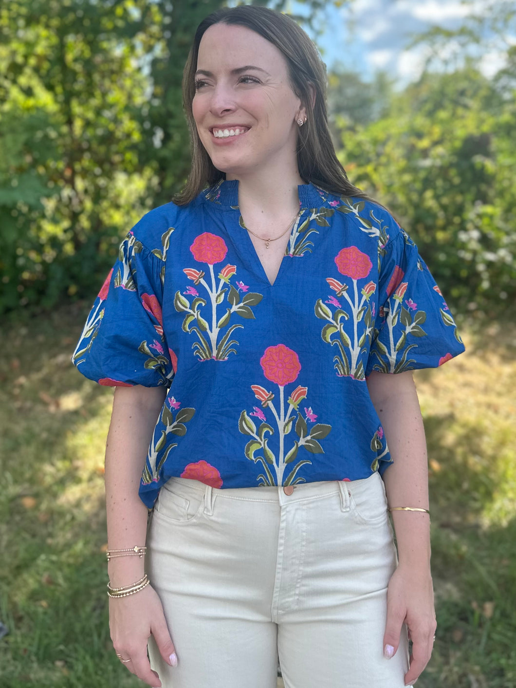 Blue Floral Puff Sleeve Top