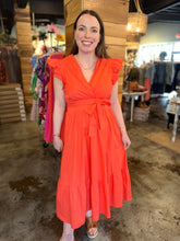 Load image into Gallery viewer, Sun Orange Eyelet Belted Midi Dress
