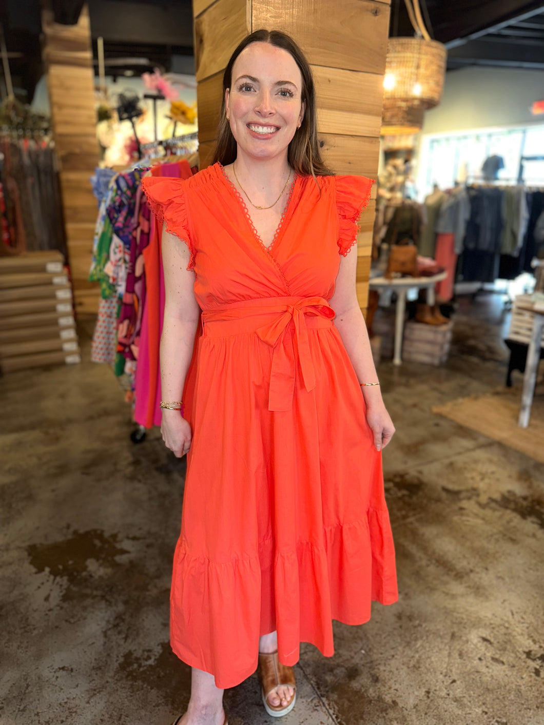 Sun Orange Eyelet Belted Midi Dress