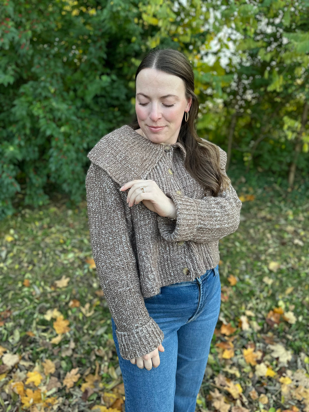 Brown Cropped Knitted Collar Cardigan
