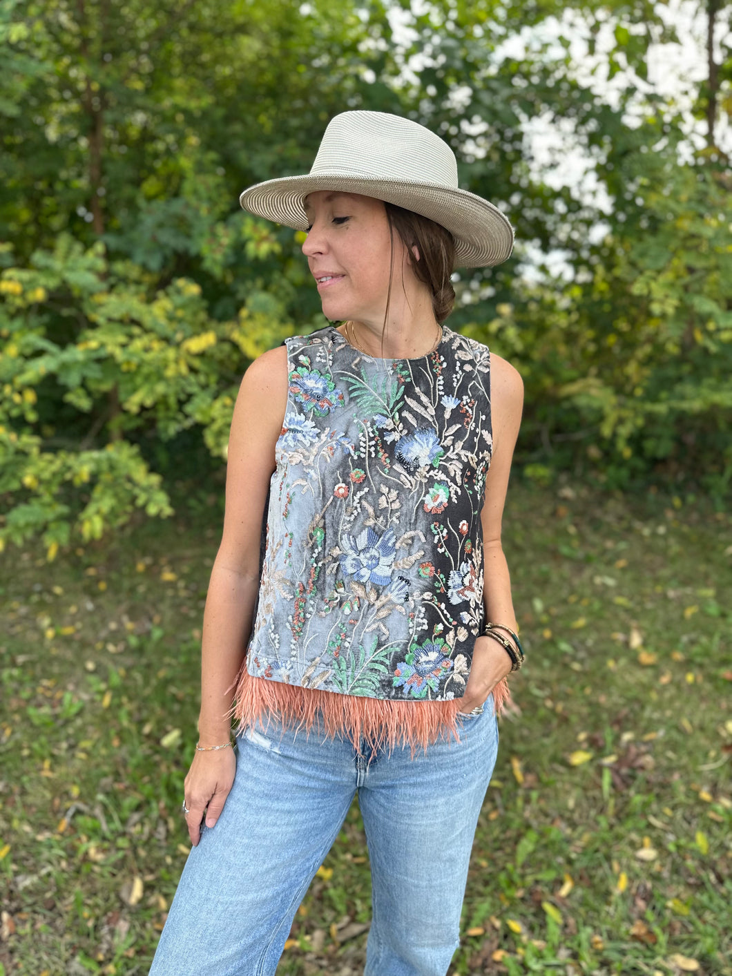 Grey Sleeveless Floral Embroidery Feather Hem Top