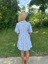 Load image into Gallery viewer, Blue Geometric Puff Sleeve Button Up Dress
