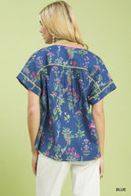 Load image into Gallery viewer, Blue Botanical V Neck Button Down Top
