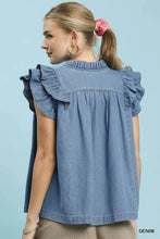 Load image into Gallery viewer, Denim Frilled V Neck Ruffle Top
