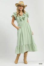 Load image into Gallery viewer, Sage V Neck Ruffle Midi Dress
