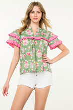 Load image into Gallery viewer, Sage Floral with Pink Flutter Sleeve Top
