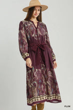 Load image into Gallery viewer, Plum Abstract Print Tie Waist Midi Dress
