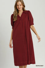 Load image into Gallery viewer, Corduroy Collared Puff Sleeve Midi Dress
