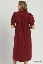 Load image into Gallery viewer, Corduroy Collared Puff Sleeve Midi Dress
