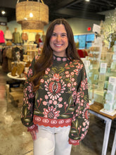 Load image into Gallery viewer, Olive High Neck Long Sleeve Floral Sweater
