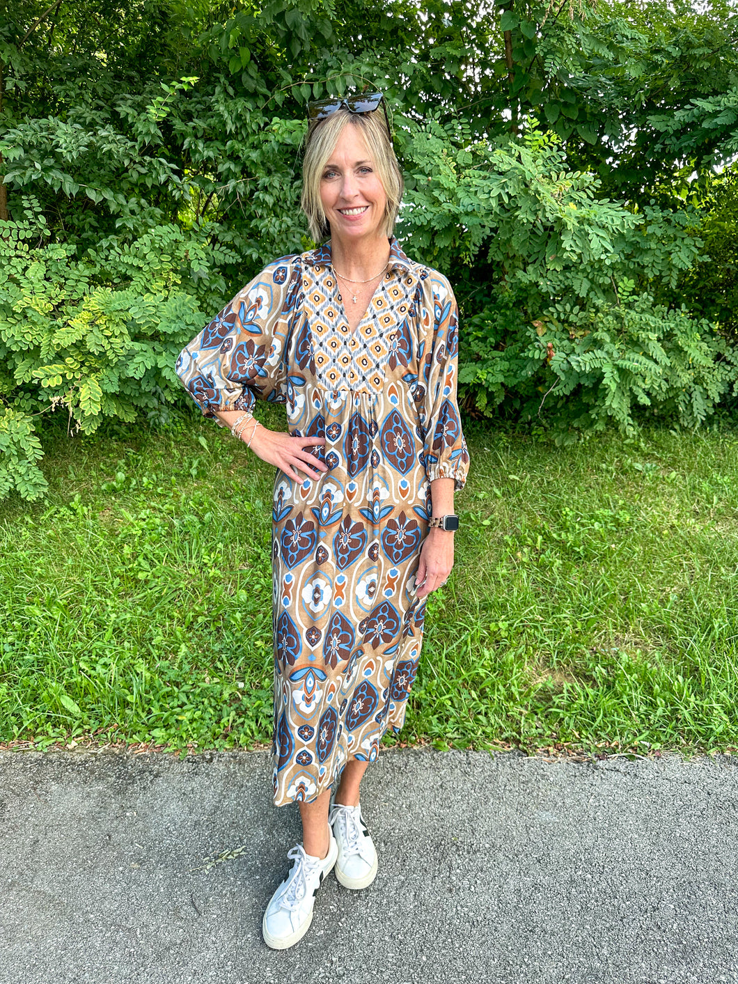 Latte Abstract Print Collared Midi Dress
