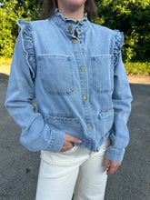 Load image into Gallery viewer, Contrast Stitching Detail Frill Collar Washed Denim
