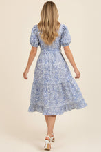 Load image into Gallery viewer, Blue Puff Sleeve Floral Tiered Midi Dress
