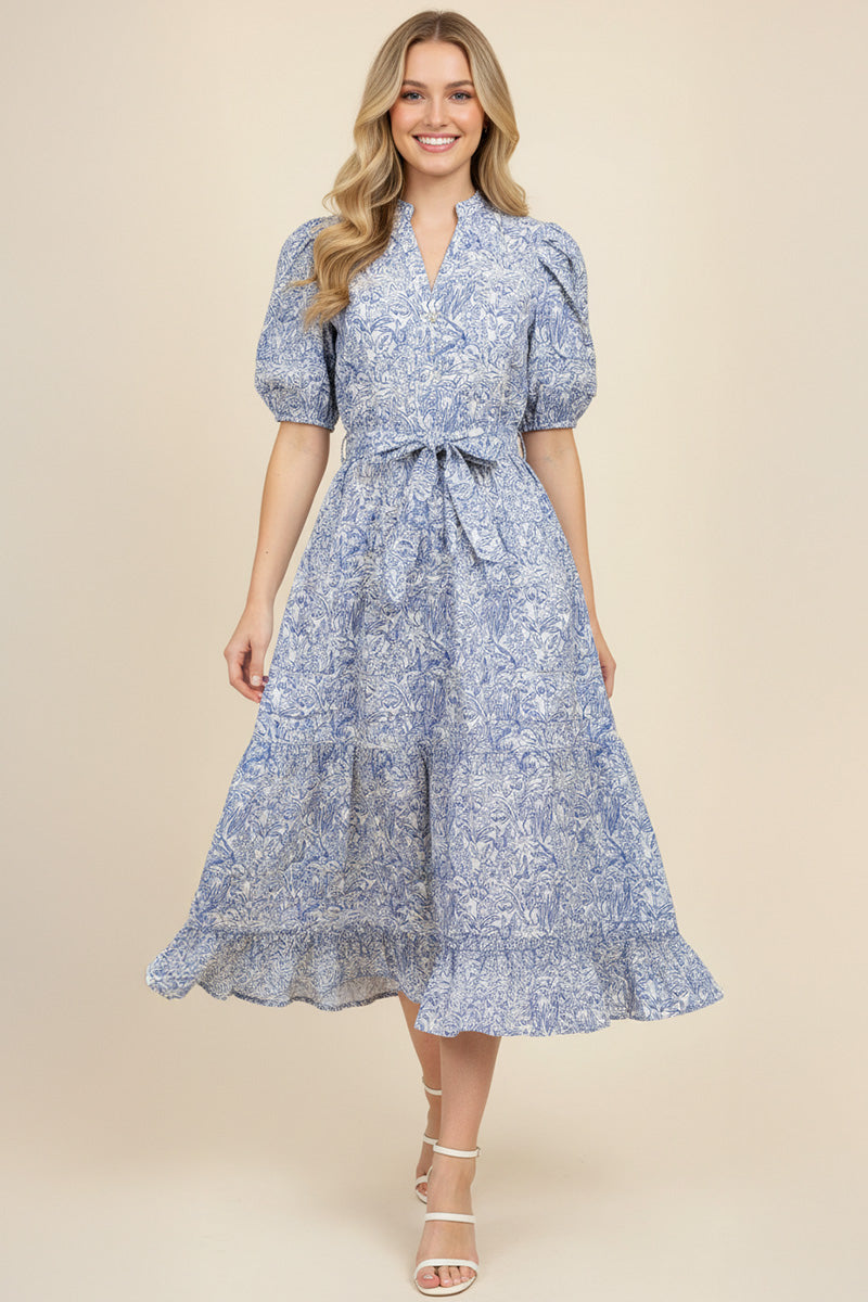 Blue Puff Sleeve Floral Tiered Midi Dress The Lovely Fig Blue Puff Sleeve Floral Tiered Midi Dress The Lovely Fig