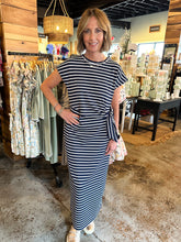 Load image into Gallery viewer, Navy Striped Short Sleeve Midi Dress
