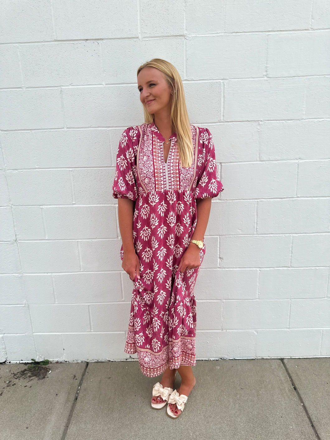 Rose Block Print Midi Dress