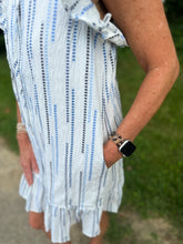 Load image into Gallery viewer, White and Blue Flutter Sleeve Button Up Dress
