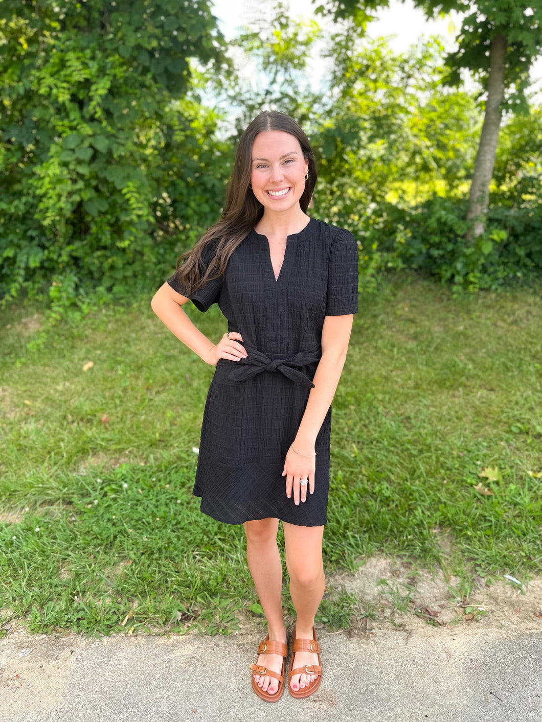 Black Short Sleeve Textured Dress
