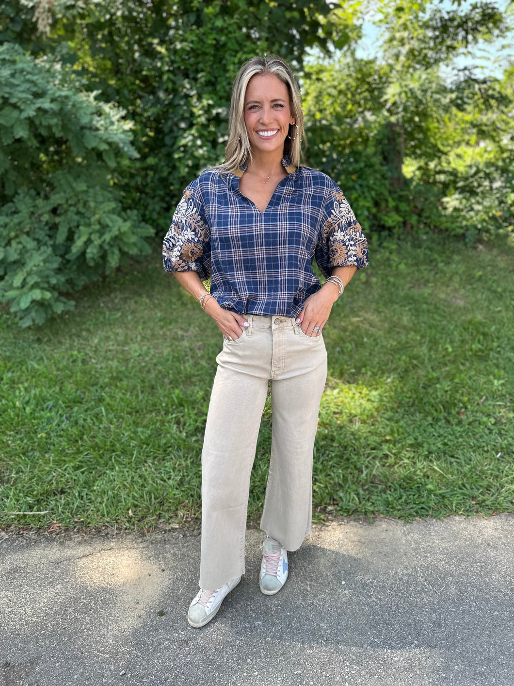 Navy Gingham Embroidered Puff Sleeve Top