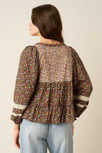 Load image into Gallery viewer, Floral Print Lace Patchwork Peplum Blouse
