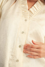 Load image into Gallery viewer, Ruffled Neckline Button Down Metallic Blouse
