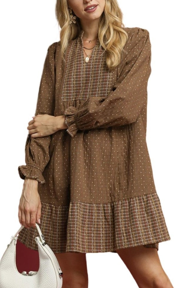 Brown Polka Dot with Plaid Trim Dress