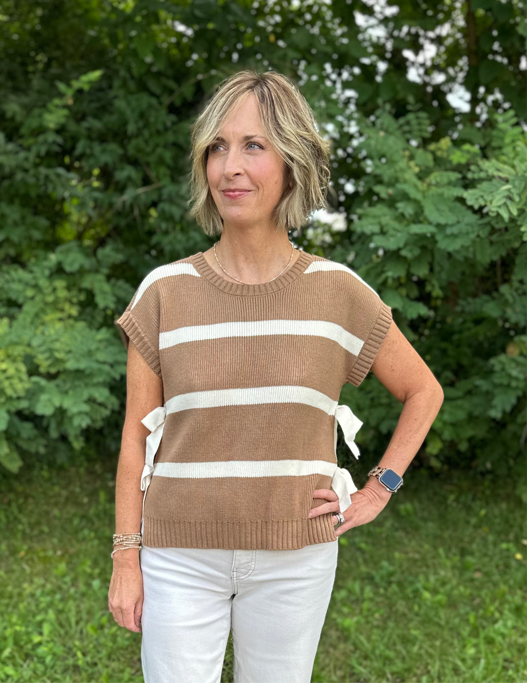 Stripe Side Tie Short Sleeve Knit Sweater