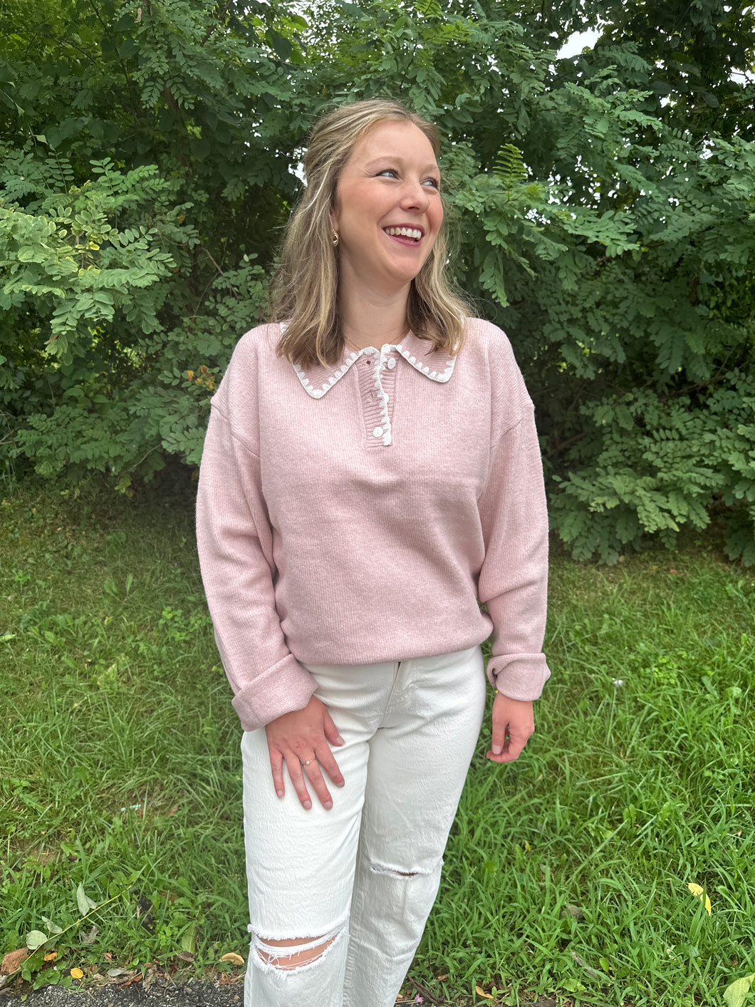 Pink Embroidered Polo Sweater