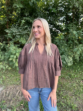 Load image into Gallery viewer, Brown Puff Sleeve Peasant Top
