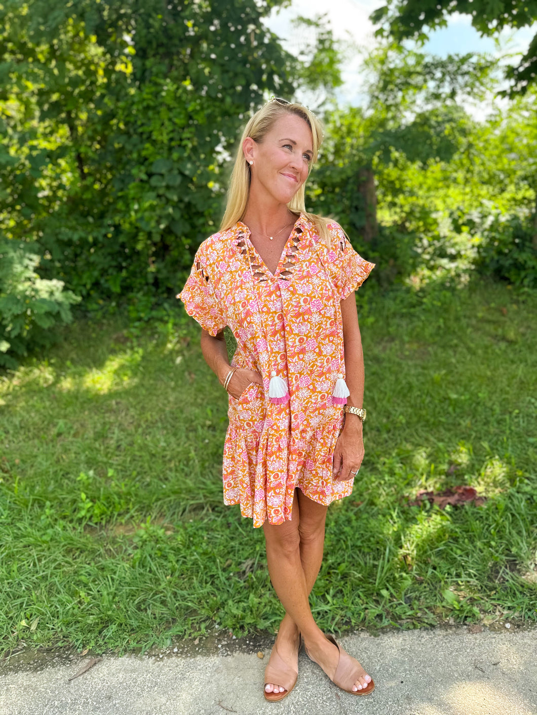 Mustard Floral Print Ruffle Sleeve Dress